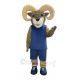 Ram in Blue Sports Jersey with Yellow Stripe Mascot Costume