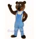 Dark Brown Bear in Blue Overalls Mascot Costume Animal