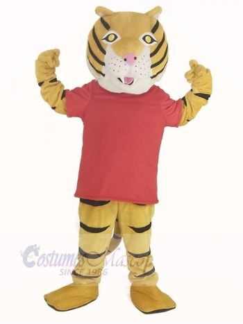 Happy Tiger in Red T-shirt Mascot Costume Animal