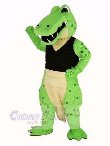 Power Green Crocodile in Black Vest Mascot Costume Animal