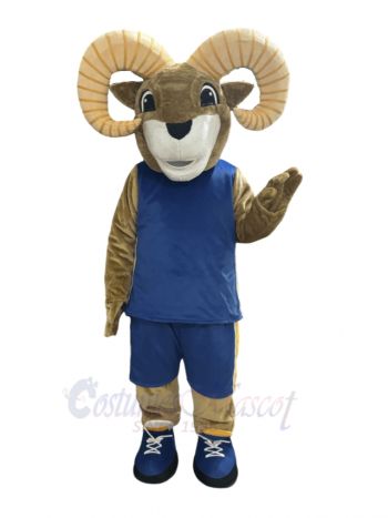 Ram in Blue Sports Jersey with Yellow Stripe Mascot Costume