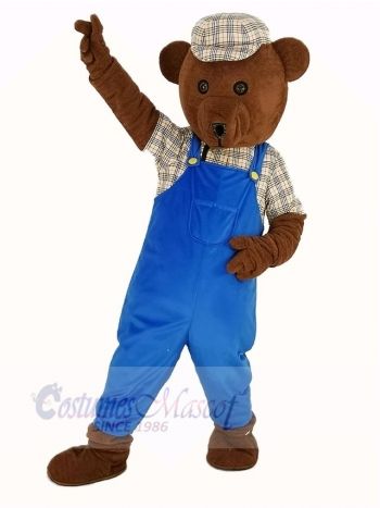 Teddy Bear in Blue Overalls Mascot Costume