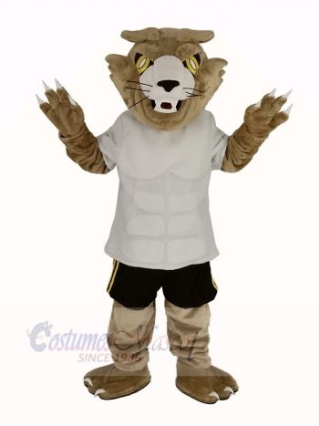 Fierce Wildcat in White T-shirt Mascot Costume Animal