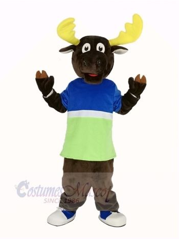 Brown Moose in Blue and Green T-shirt Mascot Costume Animal