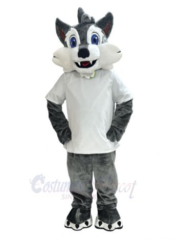 Gray Wolf in White T-shirt Mascot Costume Animal