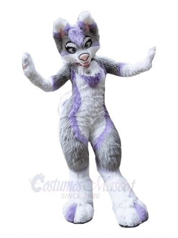 Purple and Grey Husky Dog Mascot Costume