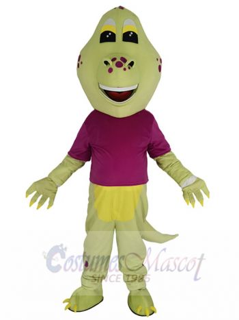 Green Dinosaur Mascot Costume Animal in Purple T-shirt