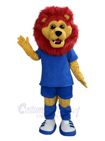 Red Mane Lion in Blue T-shirt Mascot Costume Animal