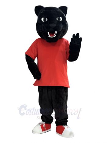 Strong Panther in Red T-Shirt Mascot Costume