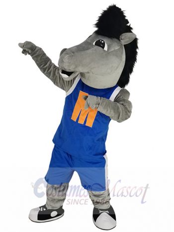 Robust Grey Mustang Horse Mascot Costume Animal in Blue Jersey