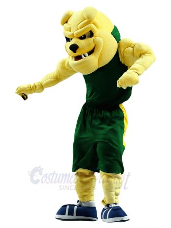 Yellow Bulldog Mascot Costume Animal in Green Jersey