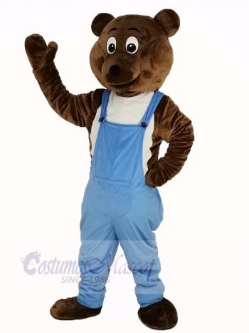 Dark Brown Bear in Blue Overalls Mascot Costume Animal