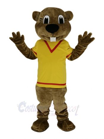 Brown Beaver in Yellow Shirt Mascot Costume Animal