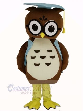 Brown Doctor Owl in Blue Vest Mascot Costume Animal