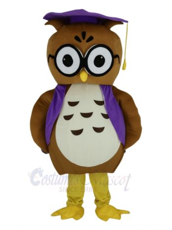 Brown Doctor Owl in Purple Vest Mascot Costume Animal