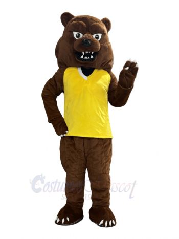 Grizzly Bear in Yellow Vest Mascot Costume Animal