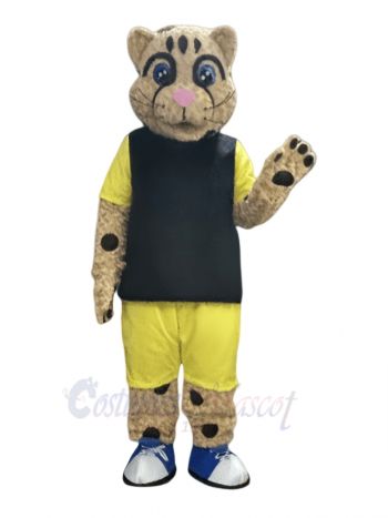 Cheetah in Black Shirt and Golden Pants Mascot Costume